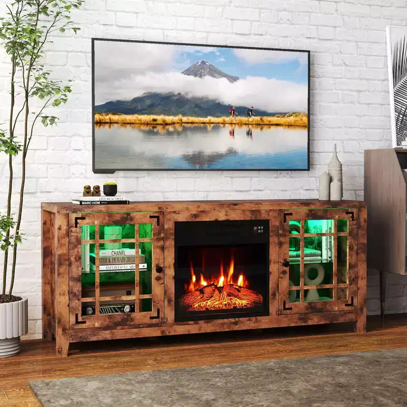 Meuble TV cheminée de 58 po avec lumières DEL et foyer électrique de 18 po, télécommandes brun rustique/gris clair/noir