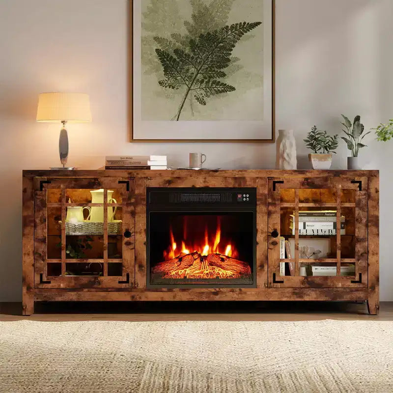 Meuble TV cheminée de 58 po avec lumières DEL et foyer électrique de 18 po, télécommandes brun rustique/gris clair/noir