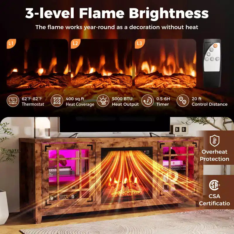 Meuble TV cheminée de 58 po avec lumières DEL et foyer électrique de 18 po, télécommandes brun rustique/gris clair/noir