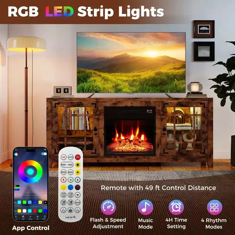 Meuble TV cheminée de 58 po avec lumières DEL et foyer électrique de 18 po, télécommandes brun rustique/gris clair/noir