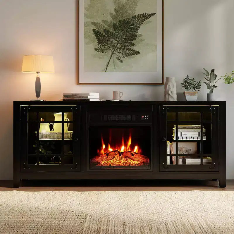 Meuble TV cheminée de 58 po avec lumières DEL et foyer électrique de 18 po, télécommandes brun rustique/gris clair/noir