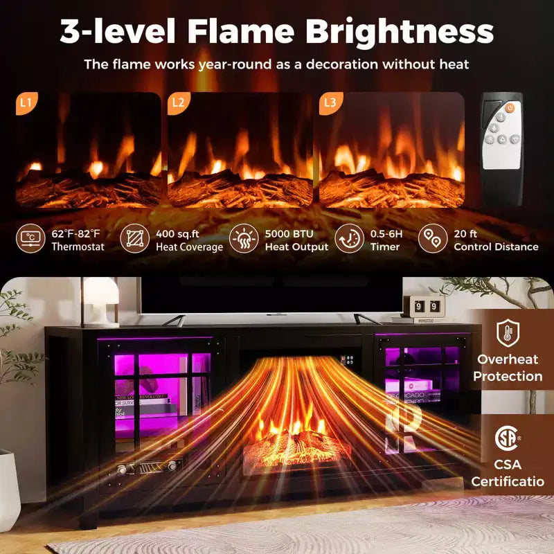 Meuble TV cheminée de 58 po avec lumières DEL et foyer électrique de 18 po, télécommandes brun rustique/gris clair/noir