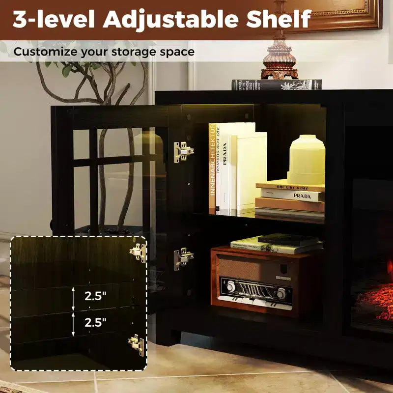 Meuble TV cheminée de 58 po avec lumières DEL et foyer électrique de 18 po, télécommandes brun rustique/gris clair/noir