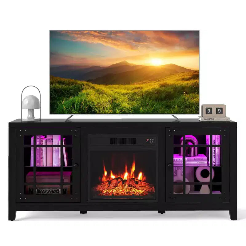 Costway 58 Fireplace TV Stand with LED Lights & 18 Electric Fireplace, Remote Controls Rustic Brown/Light Gray/Black