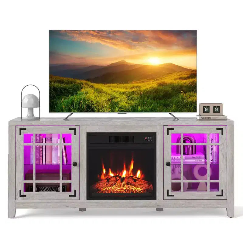 Meuble TV cheminée de 58 po avec lumières DEL et foyer électrique de 18 po, télécommandes brun rustique/gris clair/noir
