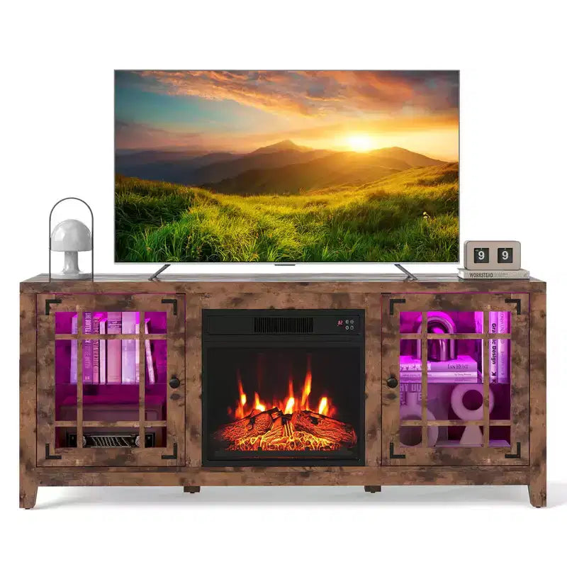 Meuble TV cheminée de 58 po avec lumières DEL et foyer électrique de 18 po, télécommandes brun rustique/gris clair/noir