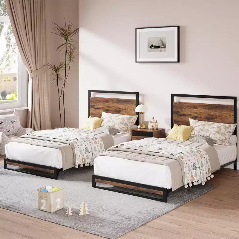 Set of 2 Platform Bed Frame with Wooden Headboard and Footboard, Heavy Duty Wooden Slats Support, No Box Spring Needed (6 Inch Twin Size )