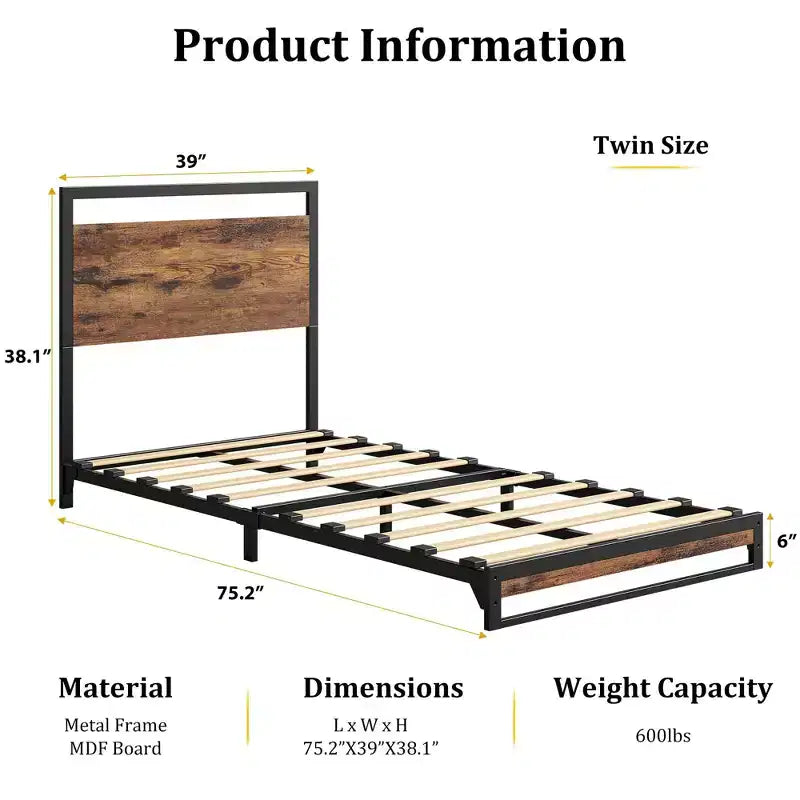 Ensemble de 2 lits plateforme avec tête et pied de lit en bois, support robuste à lattes en bois, pas besoin de sommier (taille lit simple de 15 cm)
