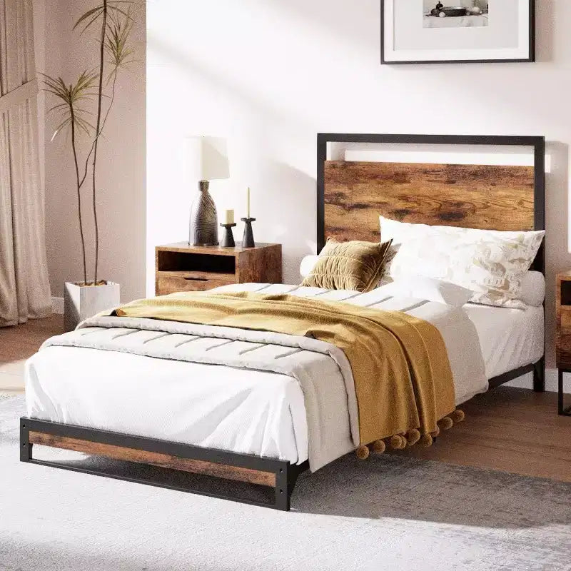 Ensemble de 2 lits plateforme avec tête et pied de lit en bois, support robuste à lattes en bois, pas besoin de sommier (taille lit simple de 15 cm)
