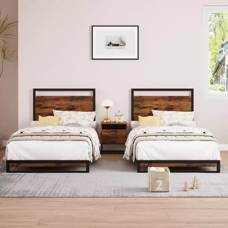 Ensemble de 2 lits plateforme avec tête et pied de lit en bois, support robuste à lattes en bois, pas besoin de sommier (taille lit simple de 15 cm)