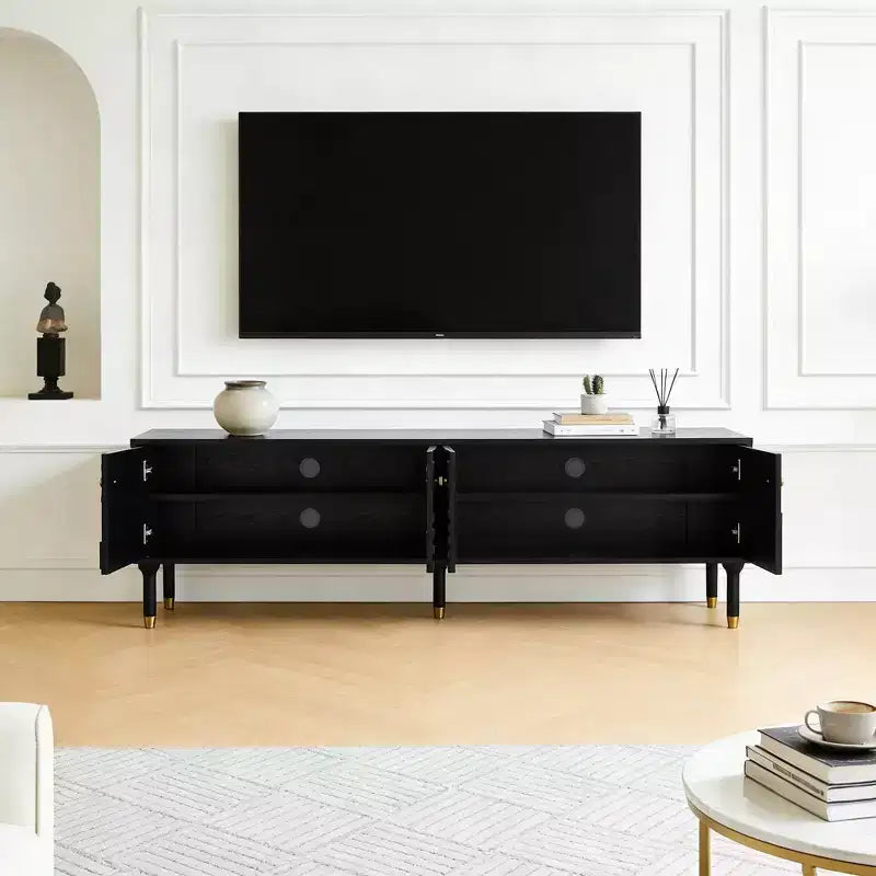 66.9Meuble TV de style médiéval avec portes d'armoire sculptées Meuble TV moderne Meuble TV de salon pour téléviseurs de moins de 80 pouces