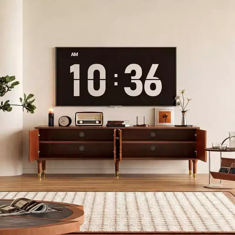 66.9Meuble TV de style médiéval avec portes d'armoire sculptées Meuble TV moderne Meuble TV de salon pour téléviseurs de moins de 80 pouces
