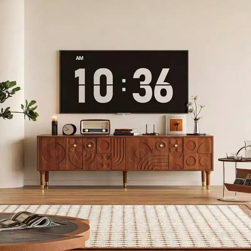 66.9Meuble TV de style médiéval avec portes d'armoire sculptées Meuble TV moderne Meuble TV de salon pour téléviseurs de moins de 80 pouces