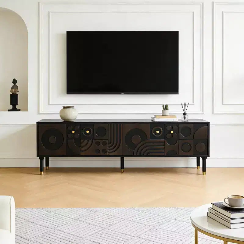 66.9Meuble TV de style médiéval avec portes d'armoire sculptées Meuble TV moderne Meuble TV de salon pour téléviseurs de moins de 80 pouces