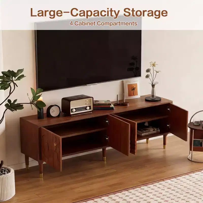 66.9Meuble TV de style médiéval avec portes d'armoire sculptées Meuble TV moderne Meuble TV de salon pour téléviseurs de moins de 80 pouces