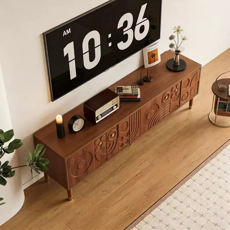 66.9Meuble TV de style médiéval avec portes d'armoire sculptées Meuble TV moderne Meuble TV de salon pour téléviseurs de moins de 80 pouces