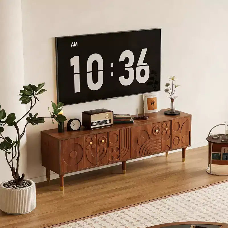 66.9Meuble TV de style médiéval avec portes d'armoire sculptées Meuble TV moderne Meuble TV de salon pour téléviseurs de moins de 80 pouces