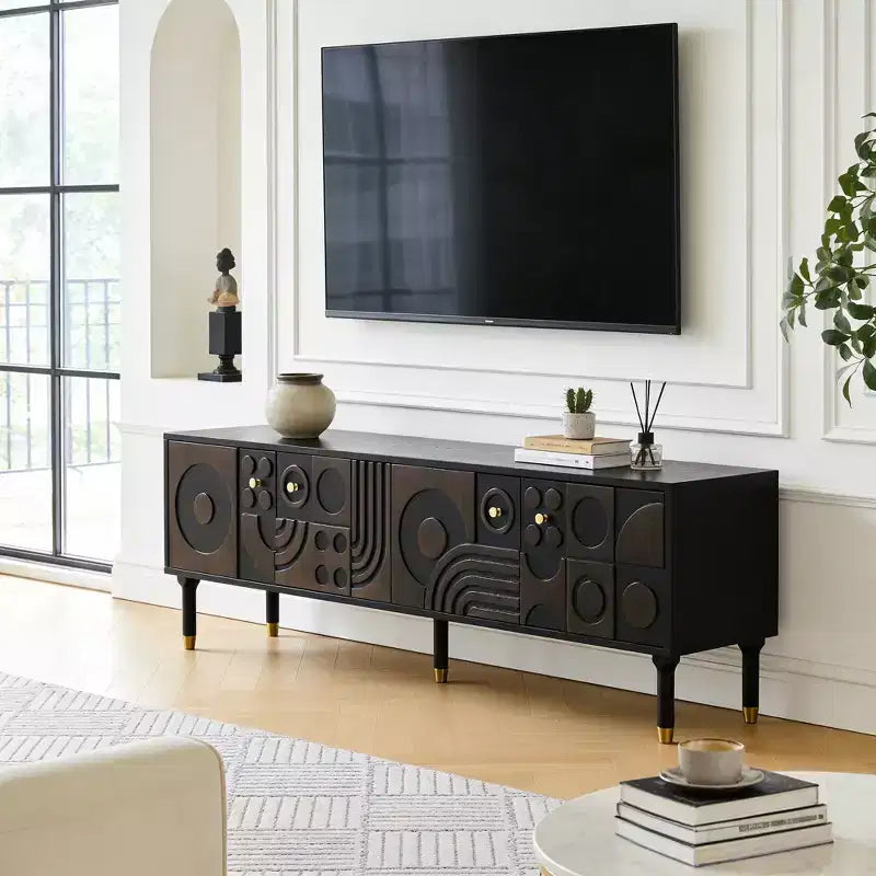 66.9Meuble TV de style médiéval avec portes d'armoire sculptées Meuble TV moderne Meuble TV de salon pour téléviseurs de moins de 80 pouces
