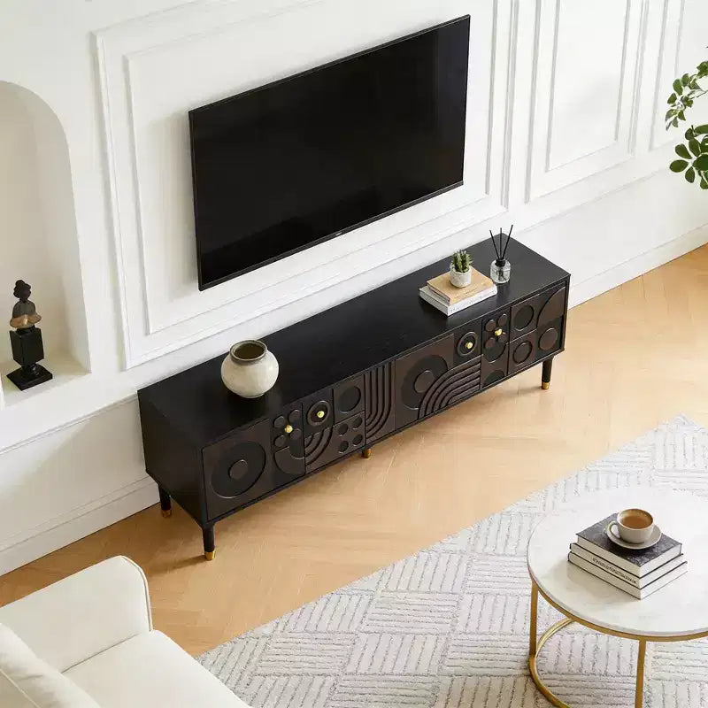 66.9Meuble TV de style médiéval avec portes d'armoire sculptées Meuble TV moderne Meuble TV de salon pour téléviseurs de moins de 80 pouces