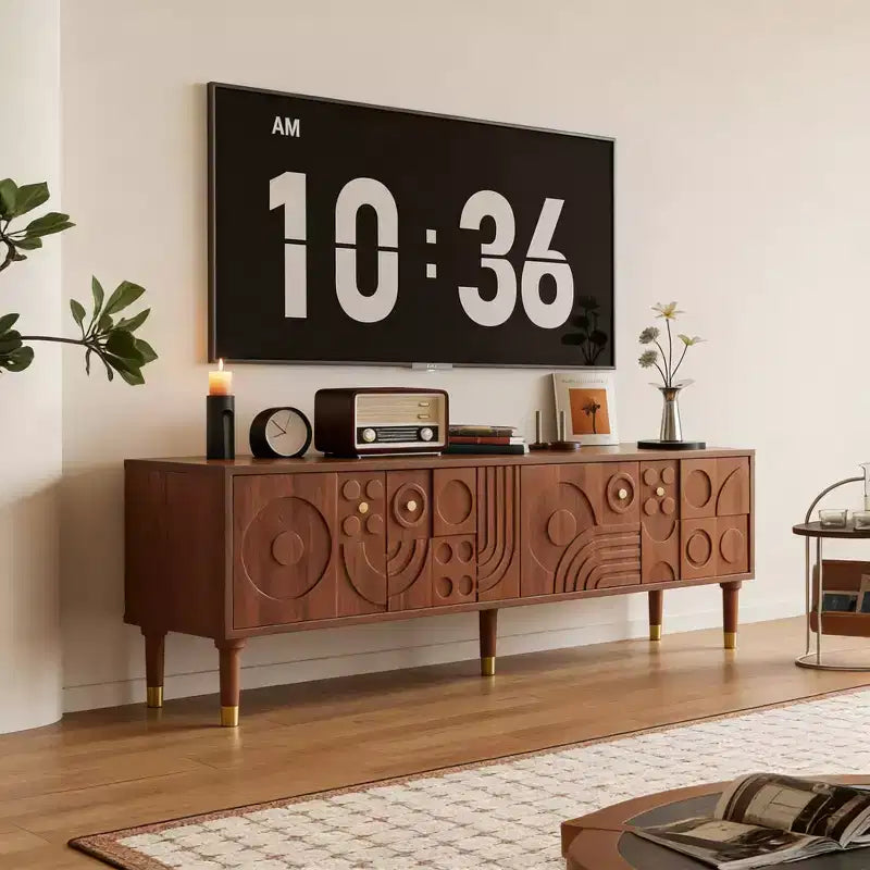66.9Meuble TV de style médiéval avec portes d'armoire sculptées Meuble TV moderne Meuble TV de salon pour téléviseurs de moins de 80 pouces