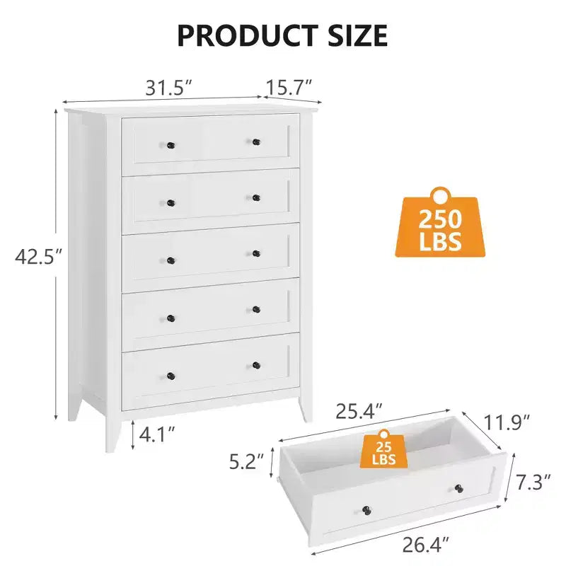 Commode à 5 tiroirs, lot de 2 commodes en bois pour le bureau, commode de rangement pour le salon, la chambre à coucher, le couloir, blanc