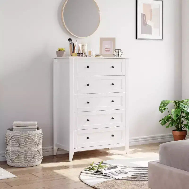 Commode à 5 tiroirs, lot de 2 commodes en bois pour le bureau, commode de rangement pour le salon, la chambre à coucher, le couloir, blanc