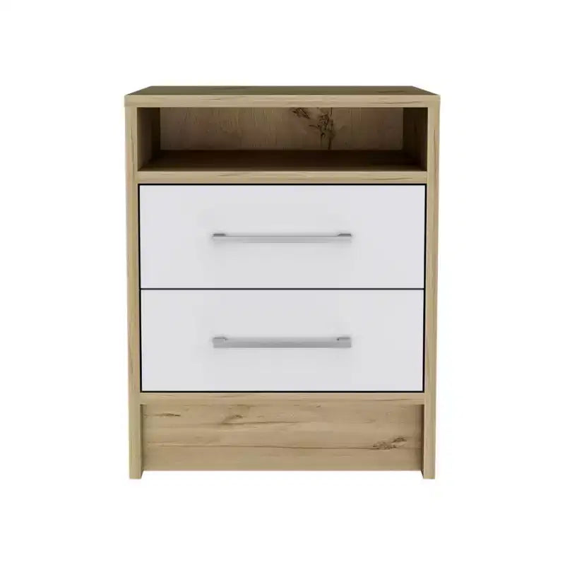 Avec son design épuré et moderne, cette table de chevet, table d'appoint, table d'appoint à plateau supérieur, deux tiroirs – Blanc / Chêne clair offre un rangement pratique.