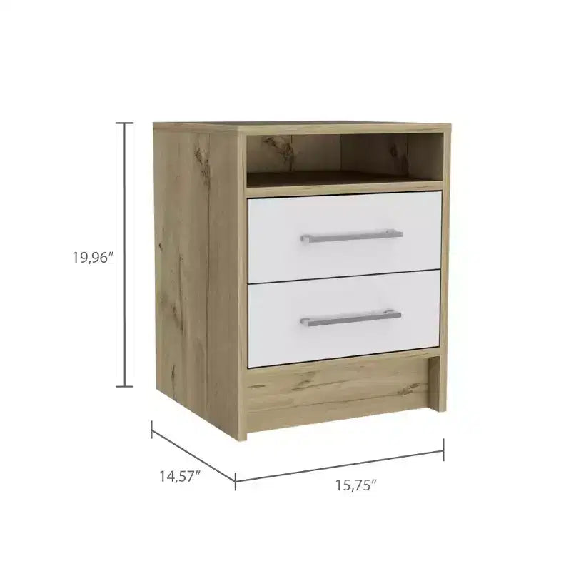 Avec son design épuré et moderne, cette table de chevet, table d'appoint, table d'appoint à plateau supérieur, deux tiroirs – Blanc / Chêne clair offre un rangement pratique.