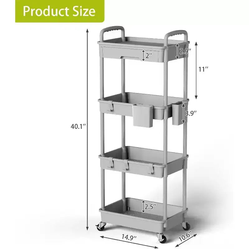 Chariot de rangement à roulettes 4 niveaux avec tiroir, Chariot de rangement en plastique avec roues, Roulettes verrouillables pour cuisine, salle de bain, bureau, chambre