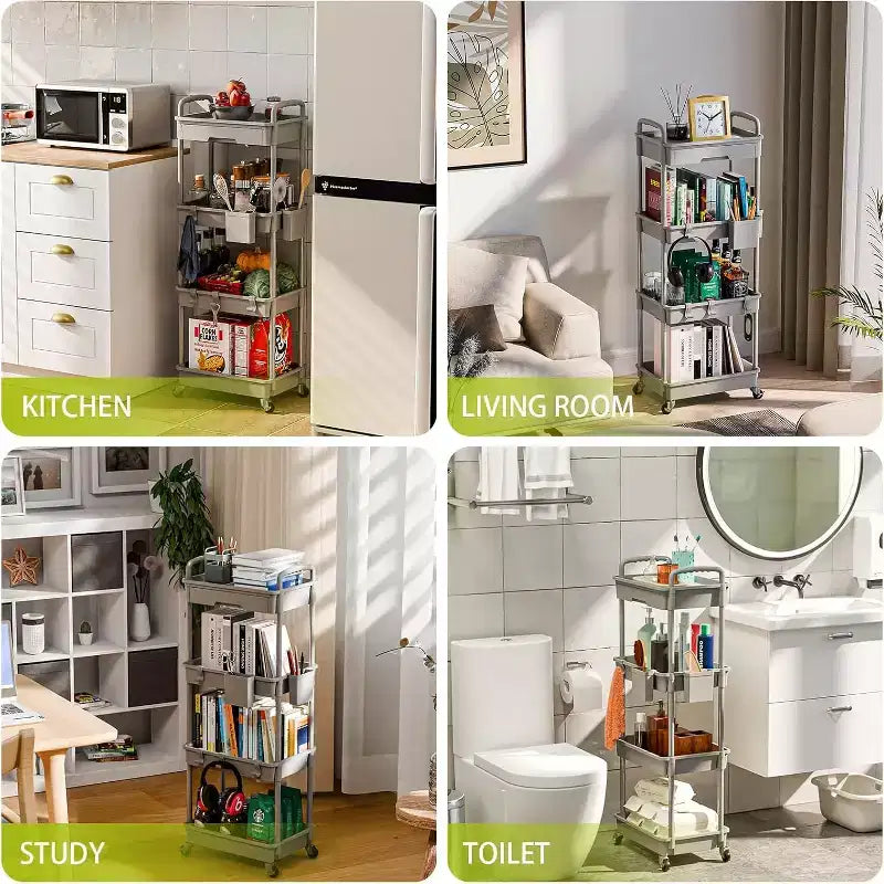 Chariot de rangement à roulettes 4 niveaux avec tiroir, Chariot de rangement en plastique avec roues, Roulettes verrouillables pour cuisine, salle de bain, bureau, chambre