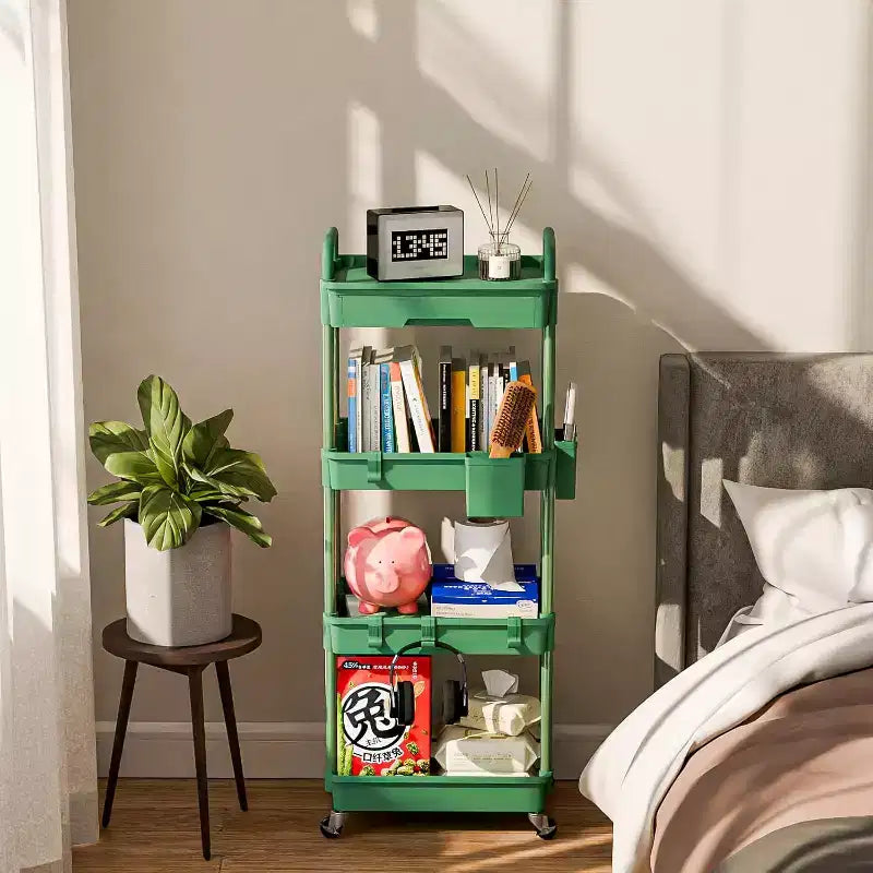 Chariot de rangement à roulettes 4 niveaux avec tiroir, Chariot de rangement en plastique avec roues, Roulettes verrouillables pour cuisine, salle de bain, bureau, chambre