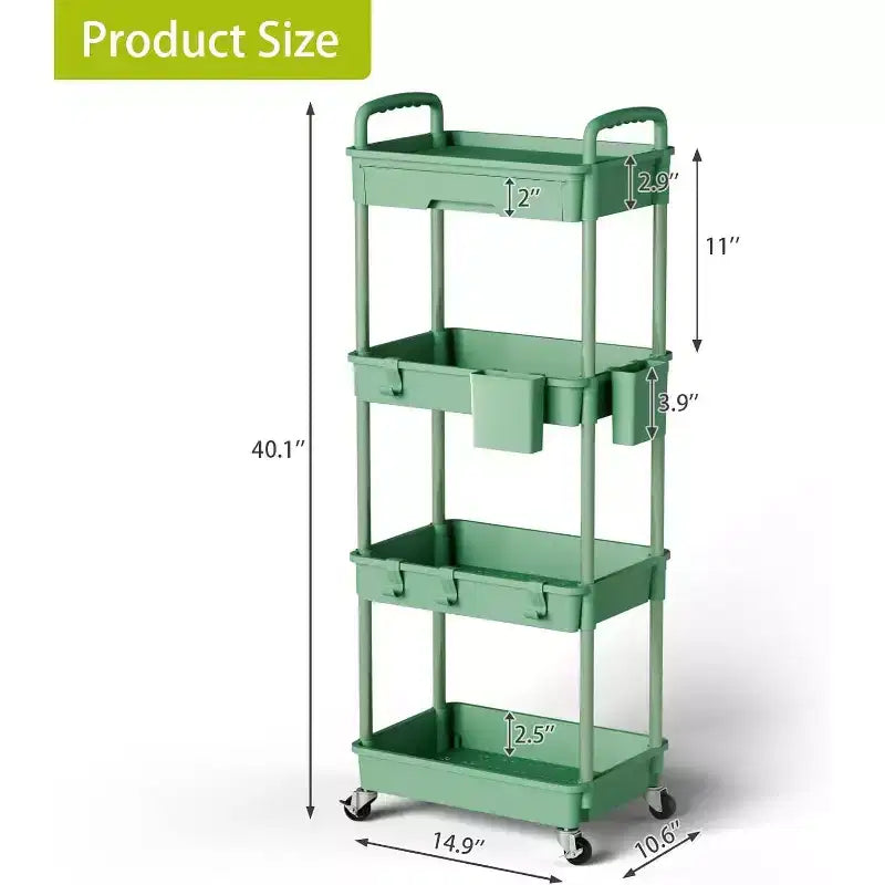 Chariot de rangement à roulettes 4 niveaux avec tiroir, Chariot de rangement en plastique avec roues, Roulettes verrouillables pour cuisine, salle de bain, bureau, chambre