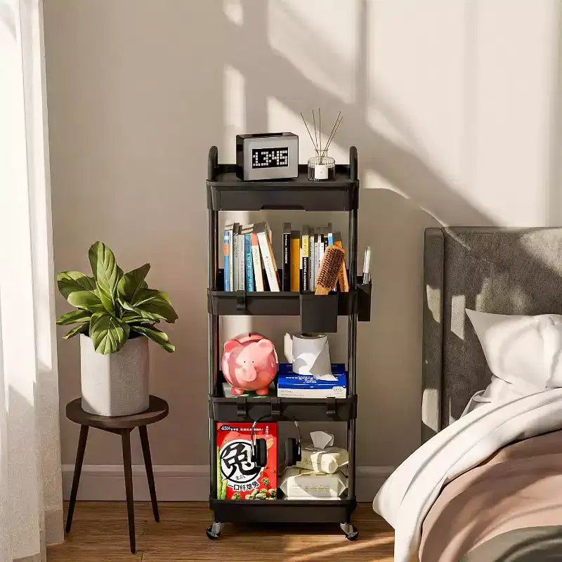 Chariot de rangement à roulettes 4 niveaux avec tiroir, Chariot de rangement en plastique avec roues, Roulettes verrouillables pour cuisine, salle de bain, bureau, chambre