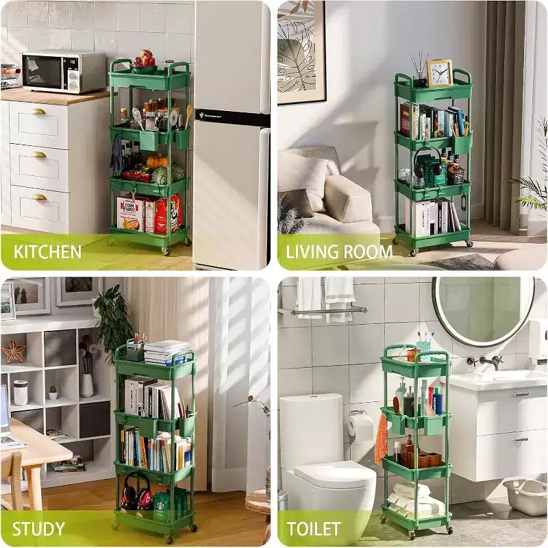 Chariot de rangement à roulettes 4 niveaux avec tiroir, Chariot de rangement en plastique avec roues, Roulettes verrouillables pour cuisine, salle de bain, bureau, chambre