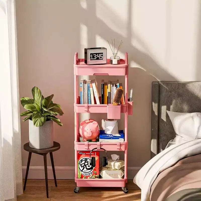 Chariot de rangement à roulettes 4 niveaux avec tiroir, Chariot de rangement en plastique avec roues, Roulettes verrouillables pour cuisine, salle de bain, bureau, chambre