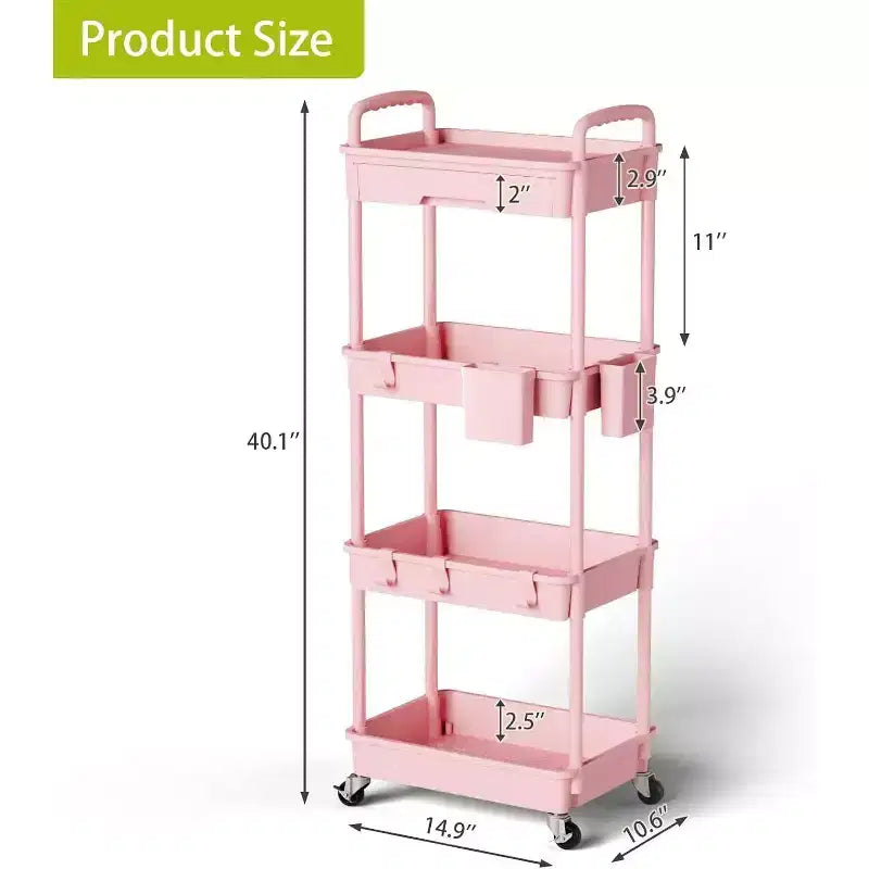 Chariot de rangement à roulettes 4 niveaux avec tiroir, Chariot de rangement en plastique avec roues, Roulettes verrouillables pour cuisine, salle de bain, bureau, chambre