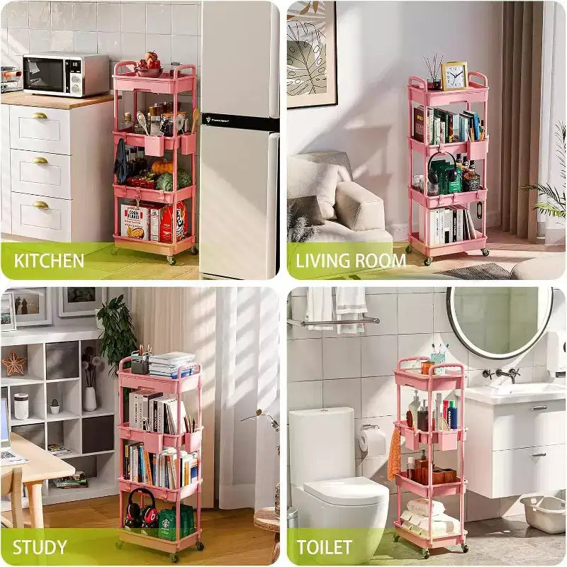Chariot de rangement à roulettes 4 niveaux avec tiroir, Chariot de rangement en plastique avec roues, Roulettes verrouillables pour cuisine, salle de bain, bureau, chambre