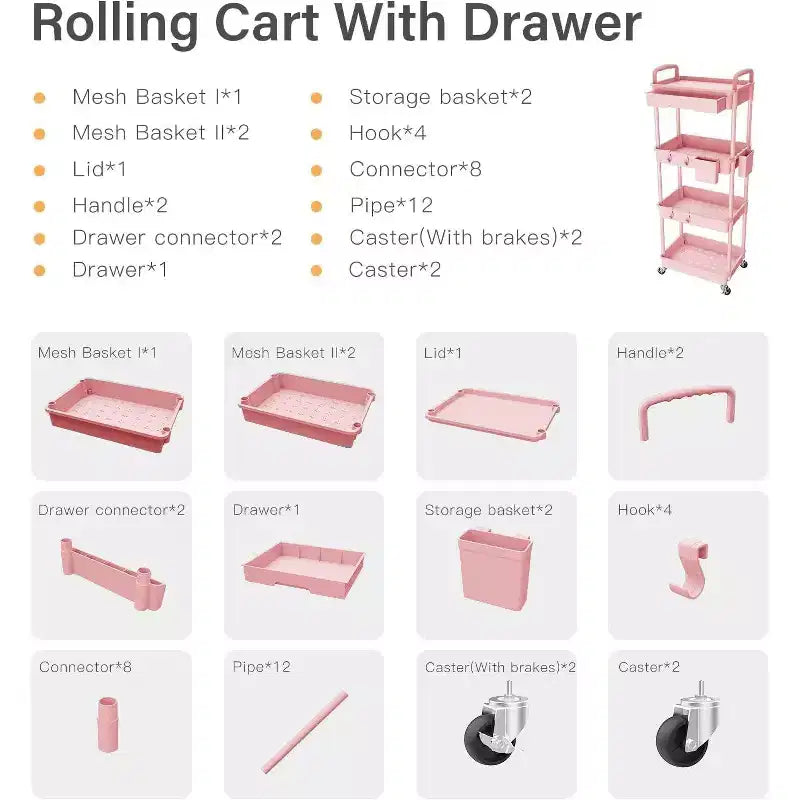 Chariot de rangement à roulettes 4 niveaux avec tiroir, Chariot de rangement en plastique avec roues, Roulettes verrouillables pour cuisine, salle de bain, bureau, chambre