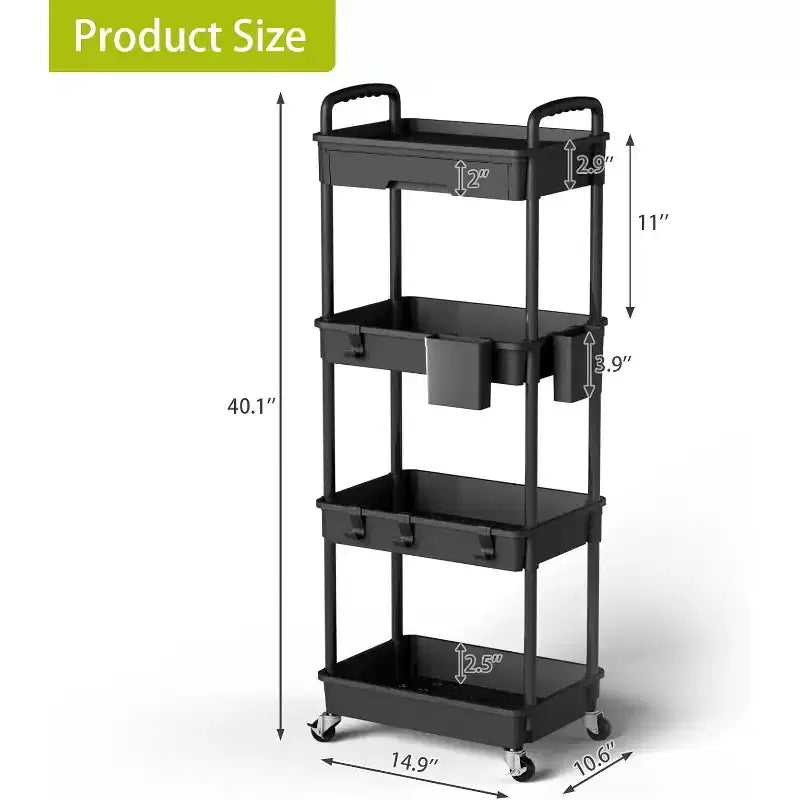 Chariot de rangement à roulettes 4 niveaux avec tiroir, Chariot de rangement en plastique avec roues, Roulettes verrouillables pour cuisine, salle de bain, bureau, chambre