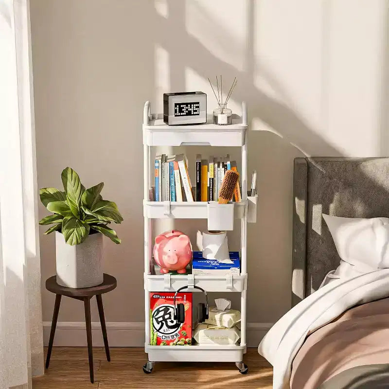 Chariot de rangement à roulettes 4 niveaux avec tiroir, Chariot de rangement en plastique avec roues, Roulettes verrouillables pour cuisine, salle de bain, bureau, chambre