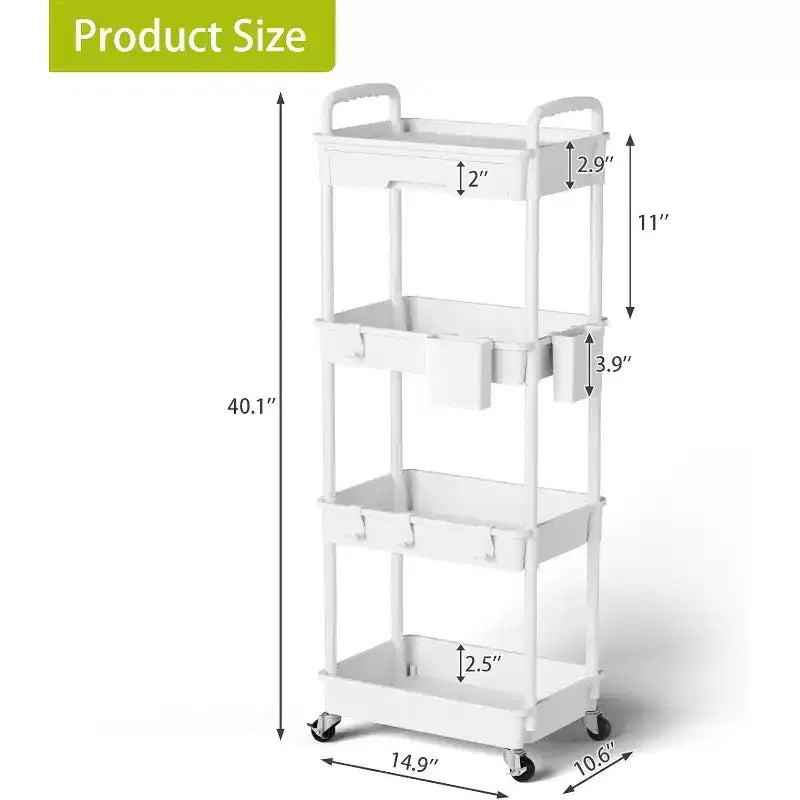 Chariot de rangement à roulettes 4 niveaux avec tiroir, Chariot de rangement en plastique avec roues, Roulettes verrouillables pour cuisine, salle de bain, bureau, chambre