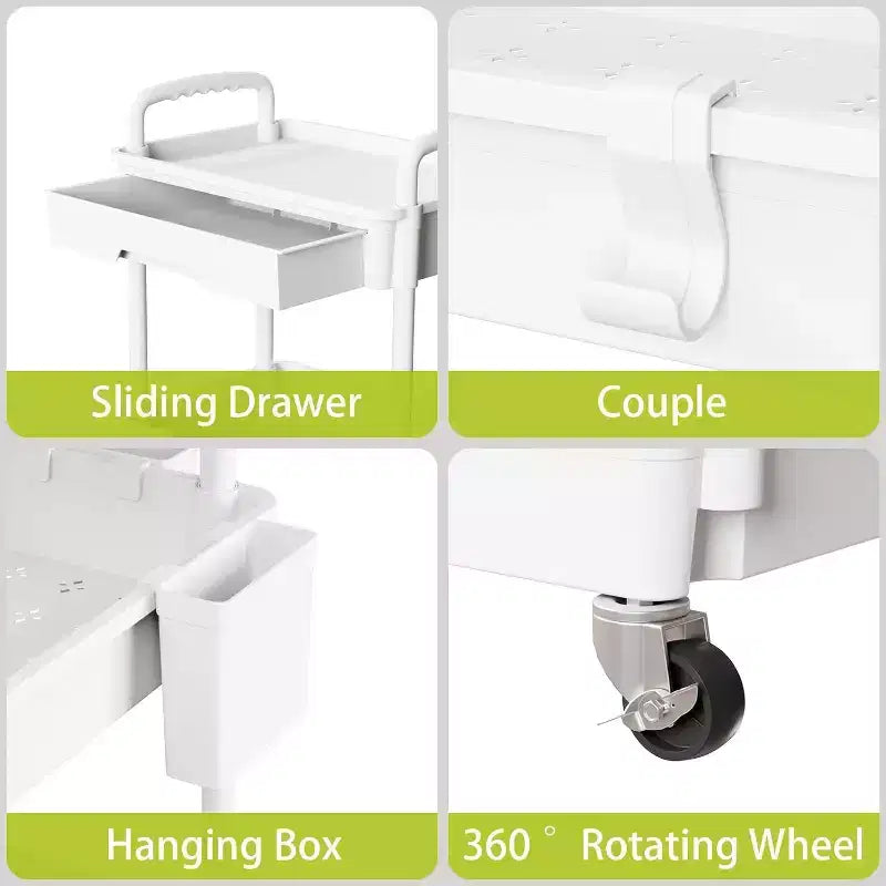 Chariot de rangement à roulettes 4 niveaux avec tiroir, Chariot de rangement en plastique avec roues, Roulettes verrouillables pour cuisine, salle de bain, bureau, chambre
