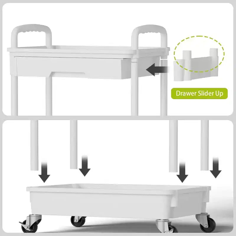Chariot de rangement à roulettes 4 niveaux avec tiroir, Chariot de rangement en plastique avec roues, Roulettes verrouillables pour cuisine, salle de bain, bureau, chambre