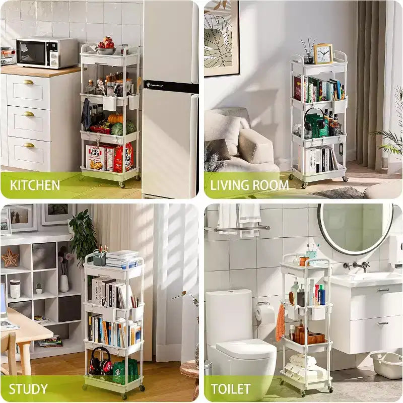 Chariot de rangement à roulettes 4 niveaux avec tiroir, Chariot de rangement en plastique avec roues, Roulettes verrouillables pour cuisine, salle de bain, bureau, chambre