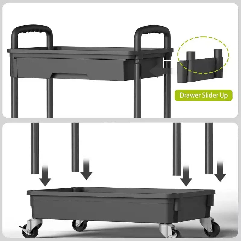 Chariot de rangement à roulettes 4 niveaux avec tiroir, Chariot de rangement en plastique avec roues, Roulettes verrouillables pour cuisine, salle de bain, bureau, chambre