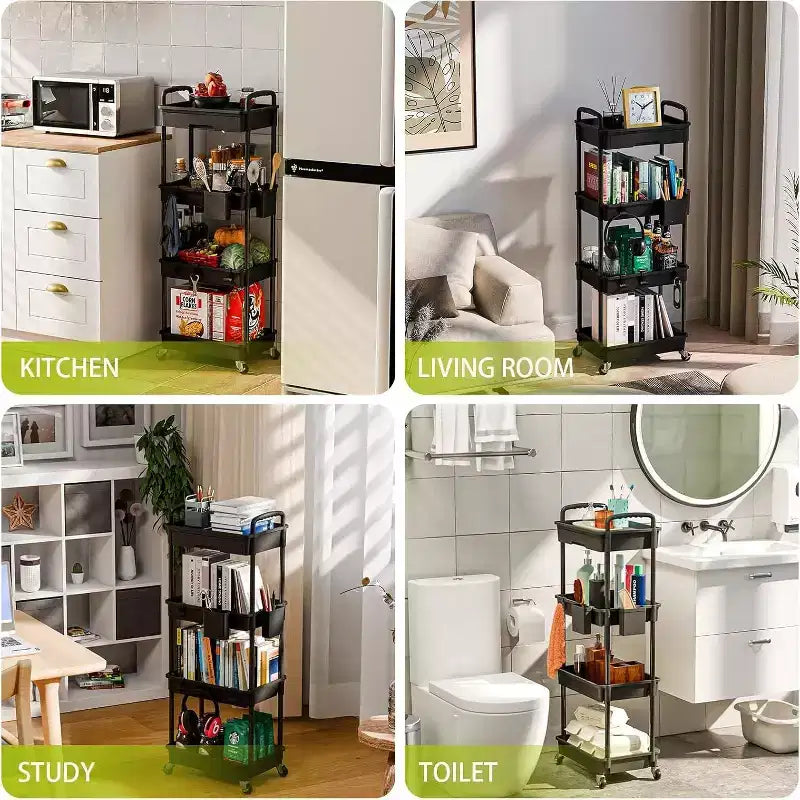 Chariot de rangement à roulettes 4 niveaux avec tiroir, Chariot de rangement en plastique avec roues, Roulettes verrouillables pour cuisine, salle de bain, bureau, chambre