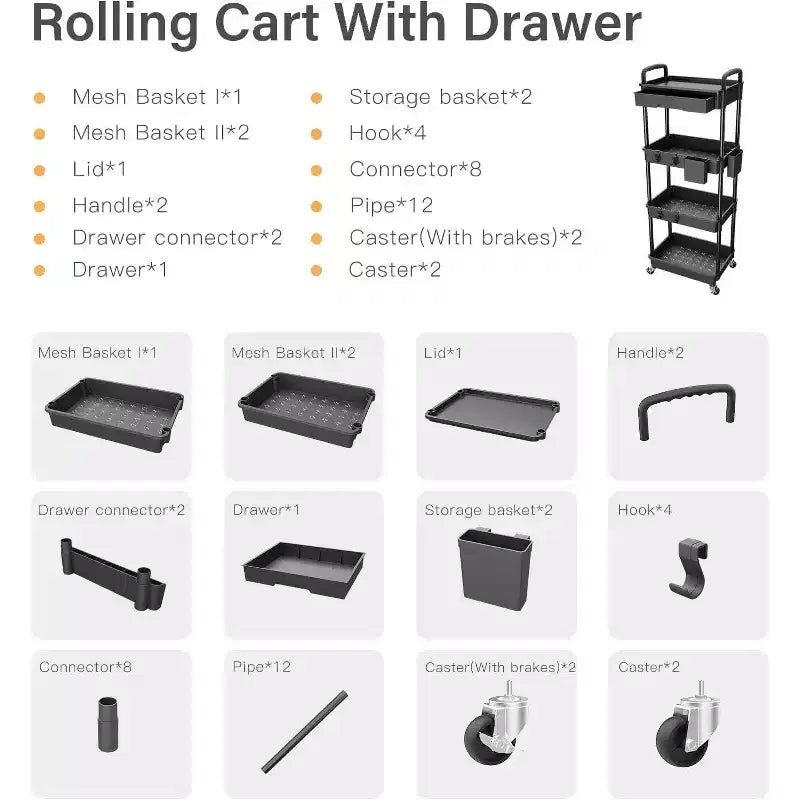 Chariot de rangement à roulettes 4 niveaux avec tiroir, Chariot de rangement en plastique avec roues, Roulettes verrouillables pour cuisine, salle de bain, bureau, chambre