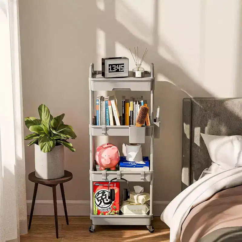 Chariot de rangement à roulettes 4 niveaux avec tiroir, Chariot de rangement en plastique avec roues, Roulettes verrouillables pour cuisine, salle de bain, bureau, chambre