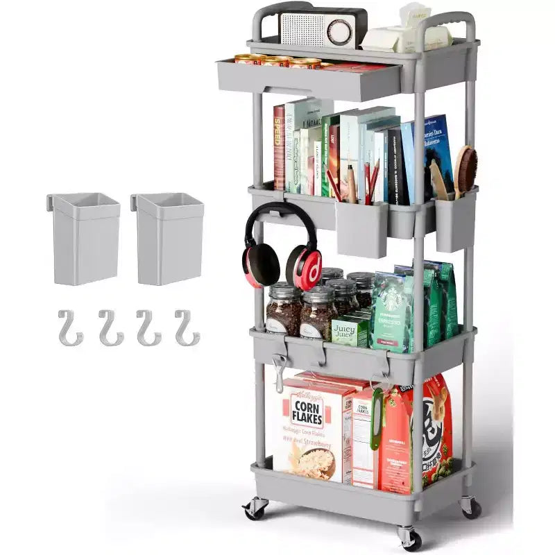 Chariot de rangement à roulettes 4 niveaux avec tiroir, Chariot de rangement en plastique avec roues, Roulettes verrouillables pour cuisine, salle de bain, bureau, chambre
