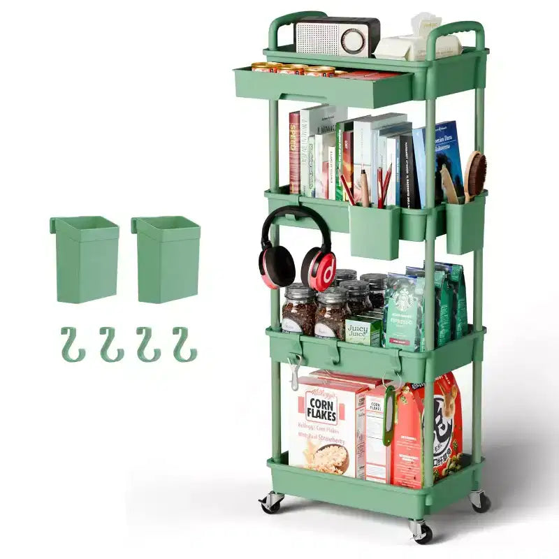 Chariot de rangement à roulettes 4 niveaux avec tiroir, Chariot de rangement en plastique avec roues, Roulettes verrouillables pour cuisine, salle de bain, bureau, chambre